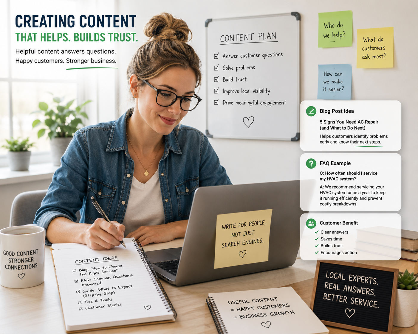 A content writer creating useful local business content designed to answer customer questions clearly.