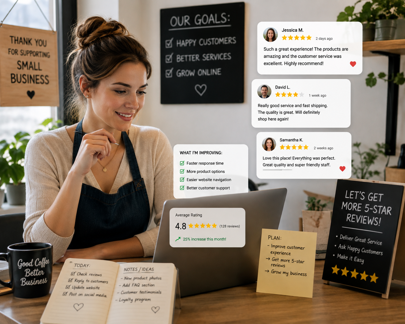 A local business owner reviewing customer feedback and using reviews to improve their online presence.
