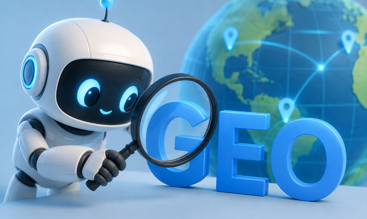 A cute robot looking through a magnifying glass at Generative Engine Optimization.