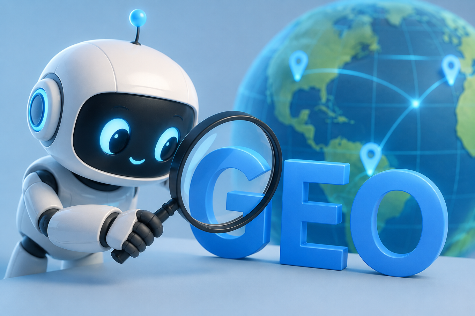 A cute robot looking through a magnifying glass at Generative Engine Optimization.