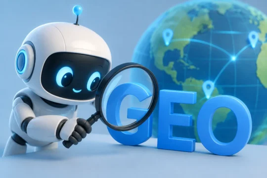 A cute robot looking through a magnifying glass at Generative Engine Optimization.