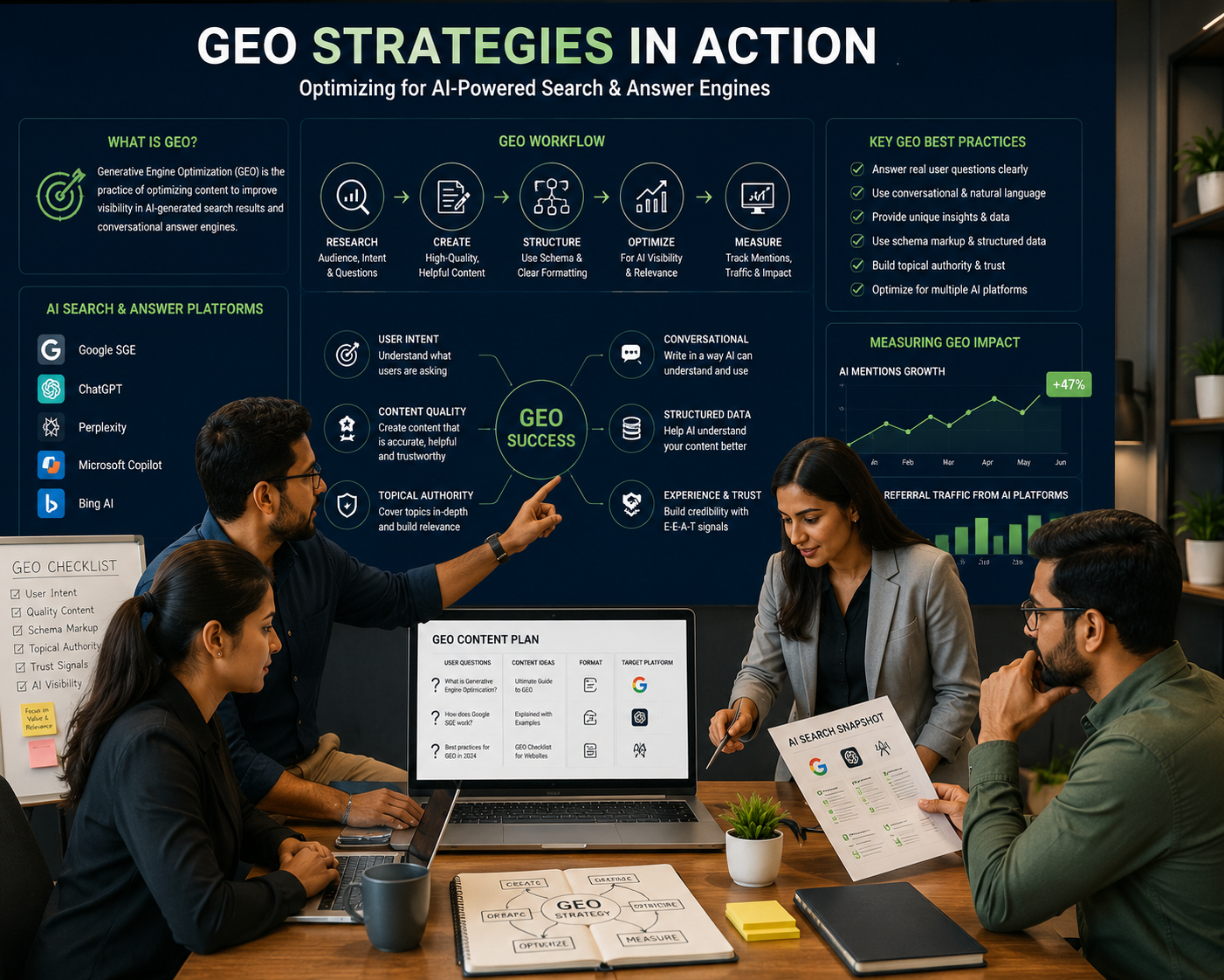 A group of SEO specialists working on GEO strategies.