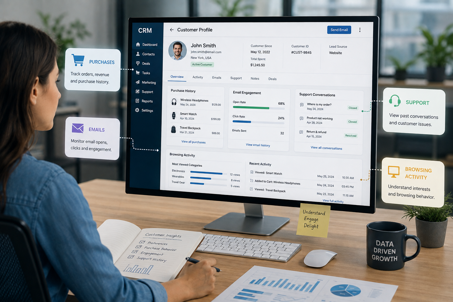 A marketer viewing a CRM customer profile showing purchases, emails, support conversations, and browsing activity to understand customer behavior.