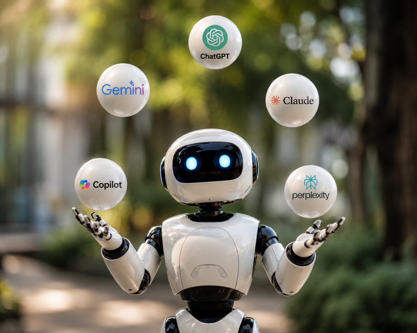 A robot juggling AI platforms. Make a natural background and blur it a bit.