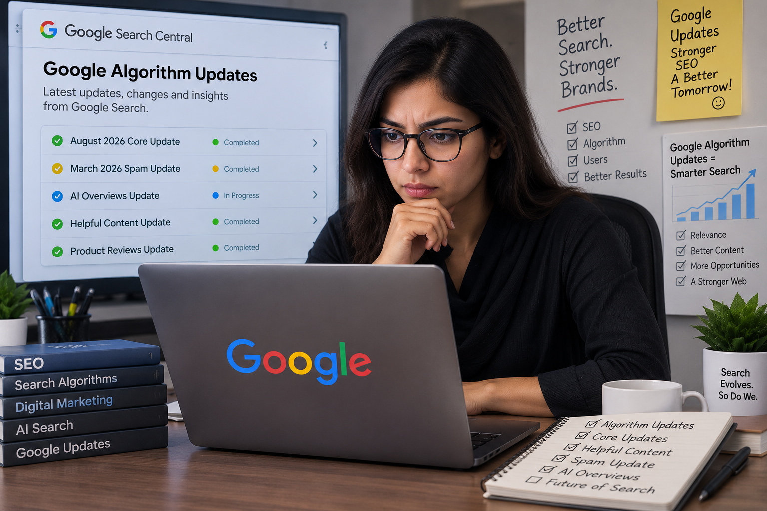 A woman wearing glasses leaning at her computer and checking Google algorithm updates with a serious face.