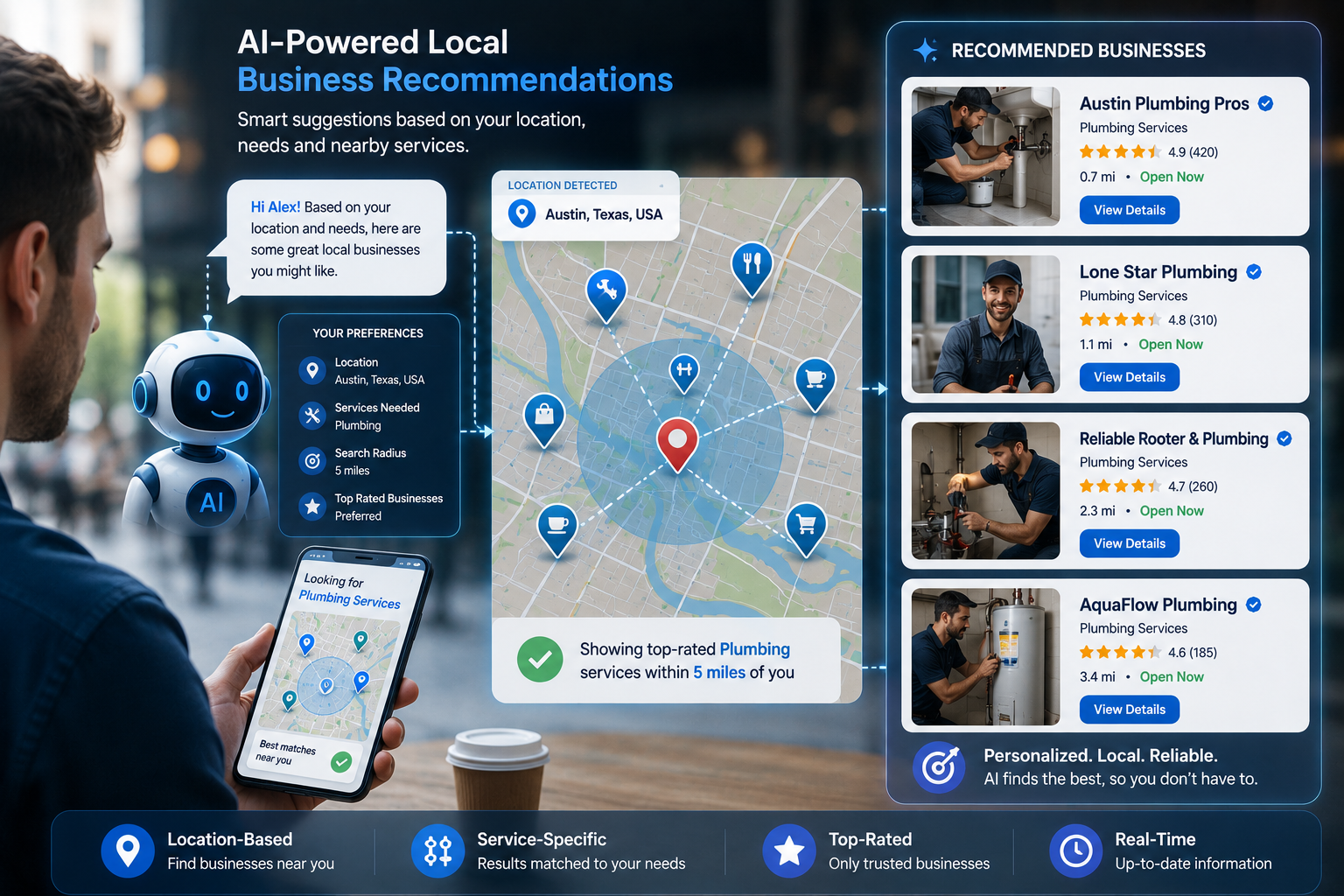AI showing local business recommendations based on a customer's location and the services available nearby.