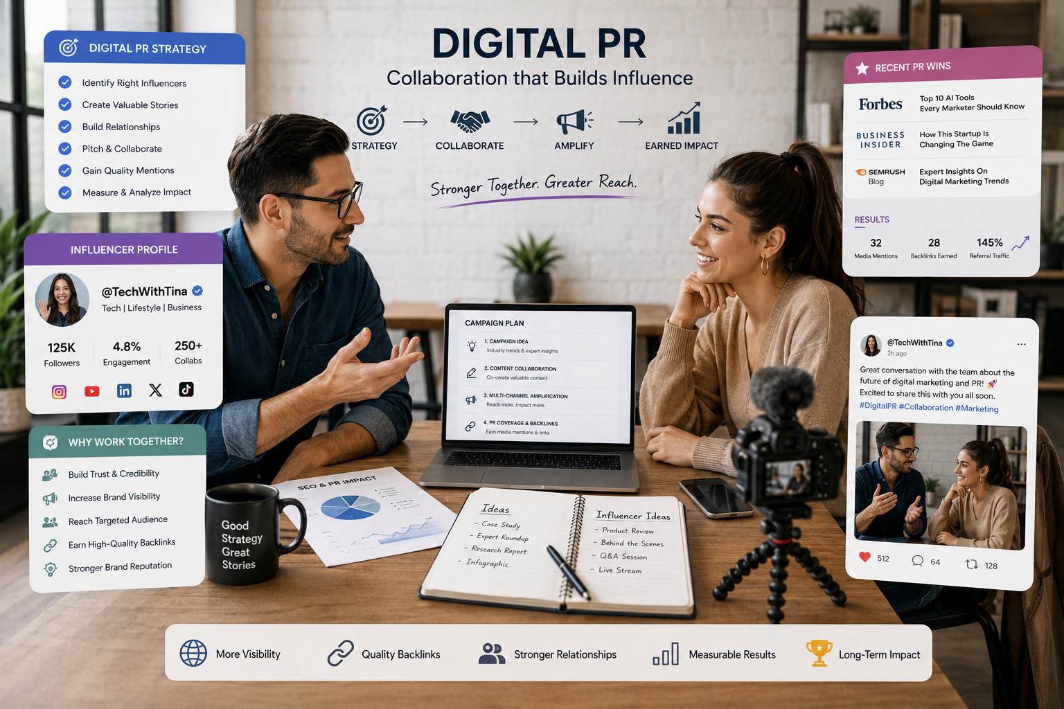 an image of a digital marketer collaborating with an influencer for digital PR