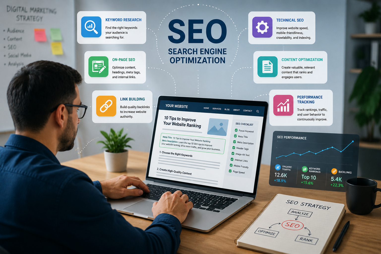 a high-quality image showcasing a digital marketer applying SEO practices on a website content