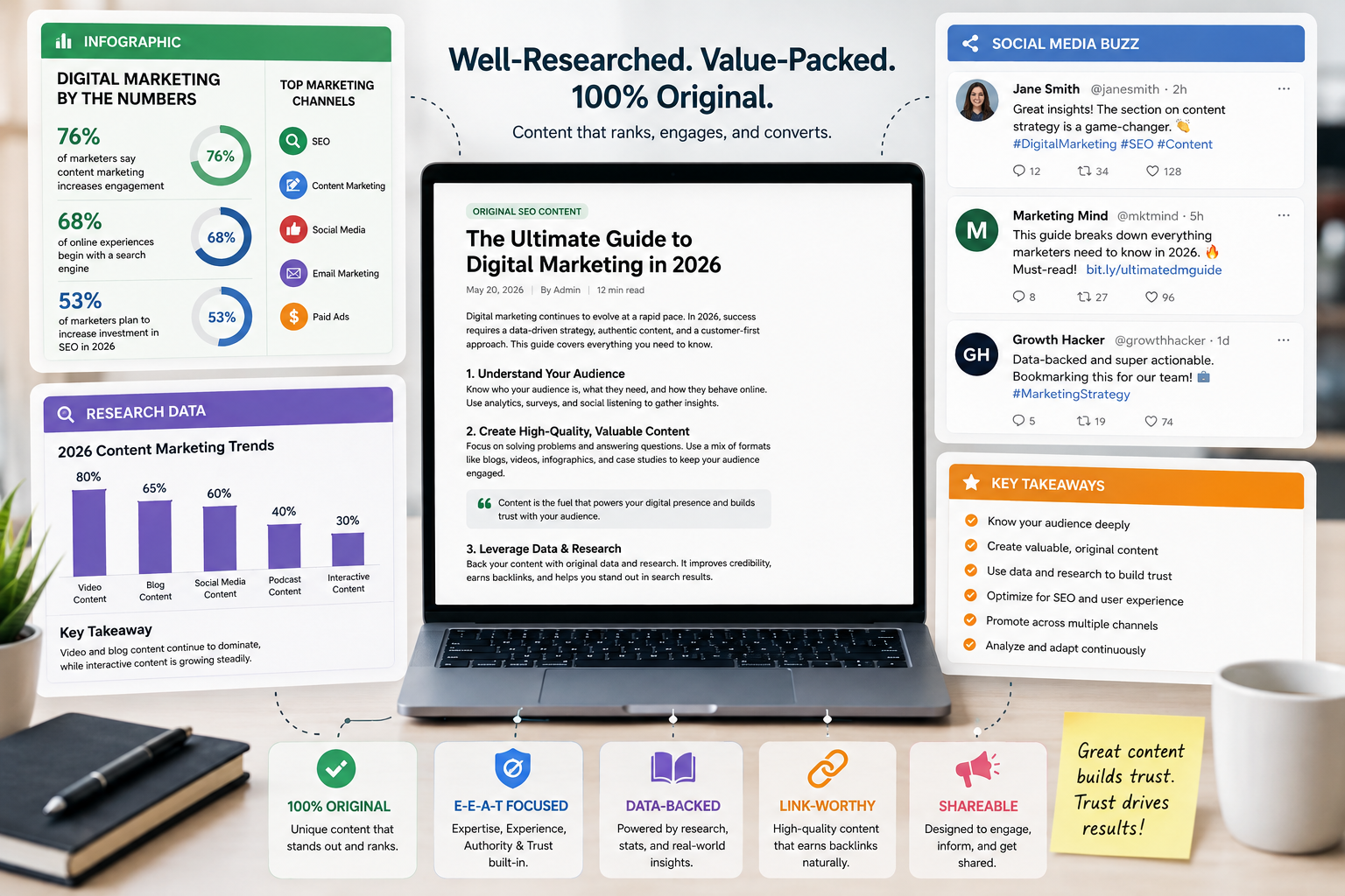 an image showcasing original SEO content, surrounded with infographics, research data, social media posts, etc.