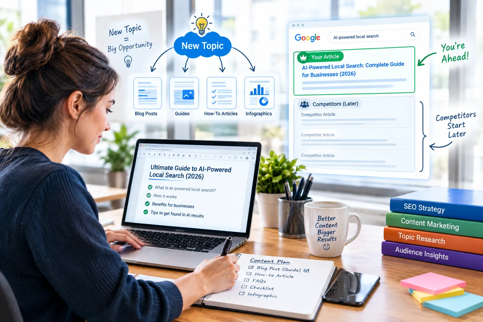 A content writer creating articles and guides about a new topic before many competitors begin targeting the same category