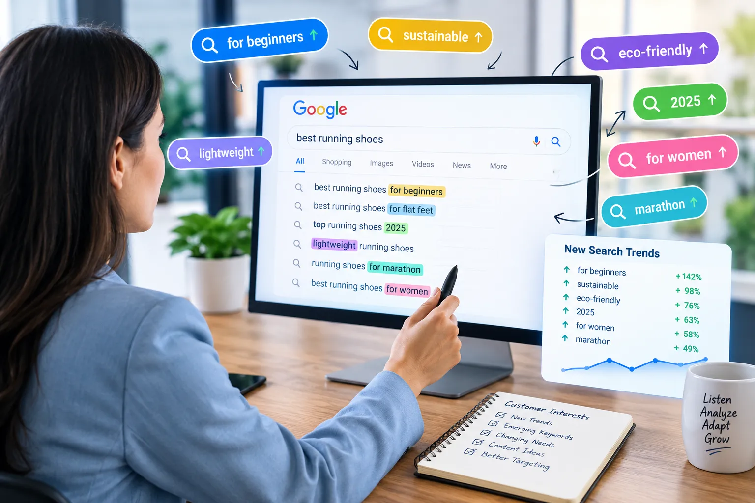 A marketer highlighting new words and phrases appearing in search results to understand changing customer interests.