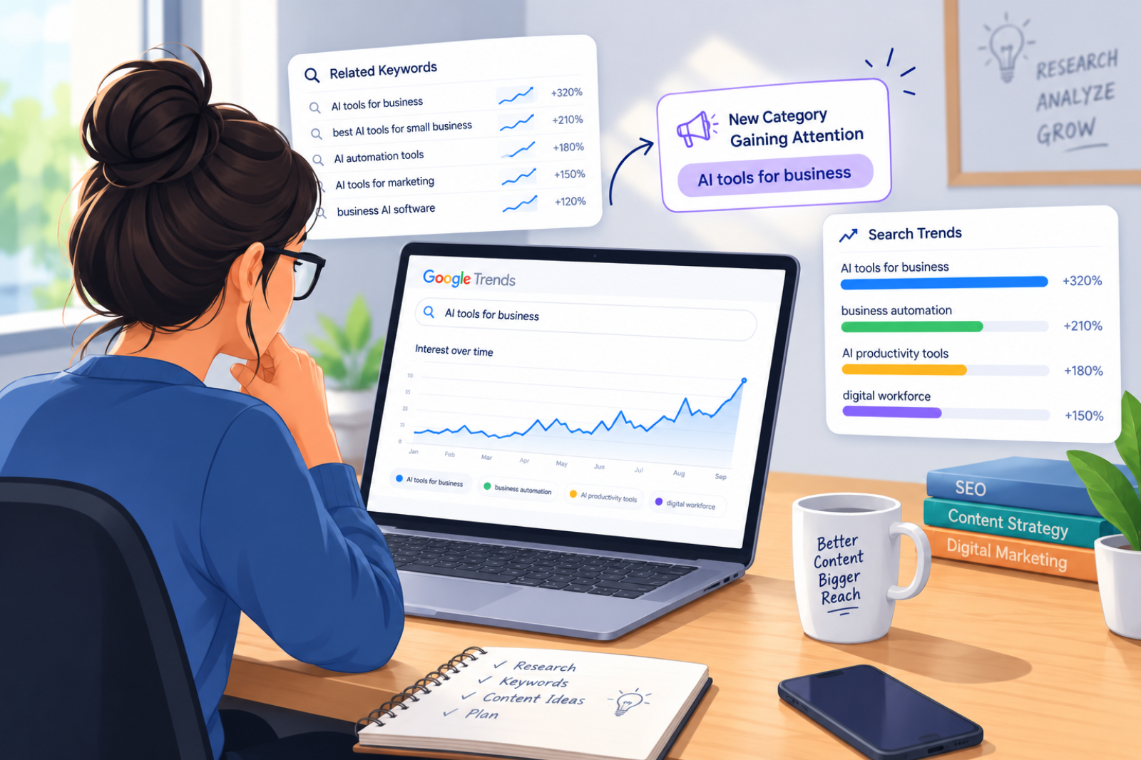 A marketer studying search trends and keyword graphs on a laptop, identifying a new category that is starting to gain attention online.