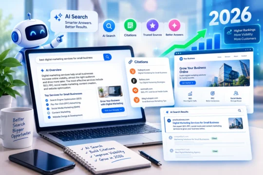 AI SEO- A modern digital illustration showing AI search, a laptop screen with AI-generated answers, search icons, citations and a business website gaining online visibility in 2026.