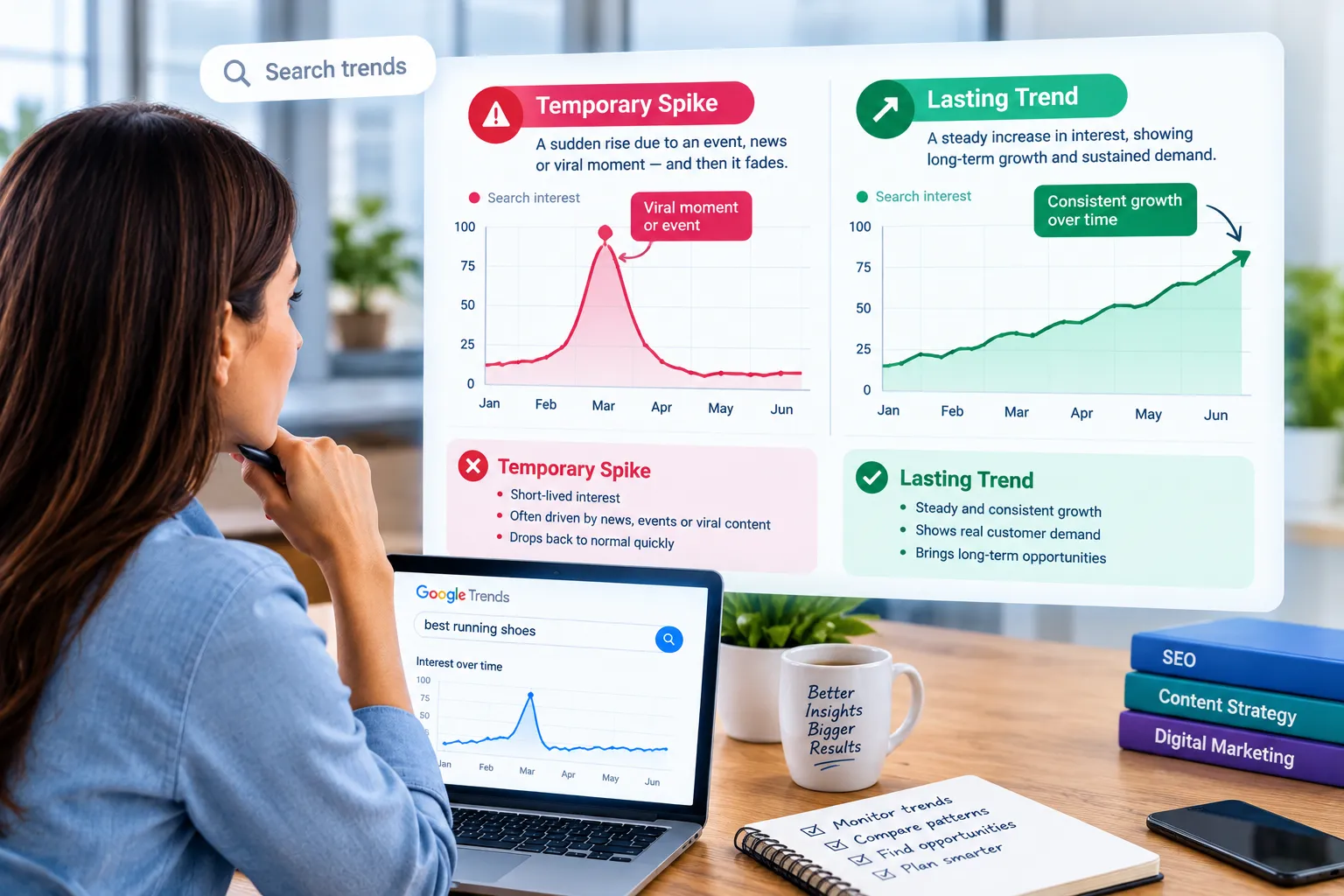 A search trend suddenly rises and then falls, showing the difference between a temporary spike and a lasting trend.
