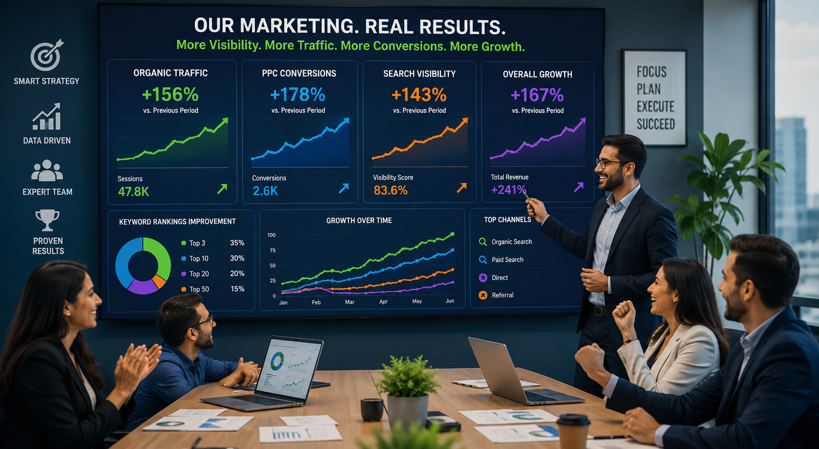 A successful business team reviewing positive marketing results, with rising organic traffic, PPC conversions, search visibility, and growth charts shown on a large screen.