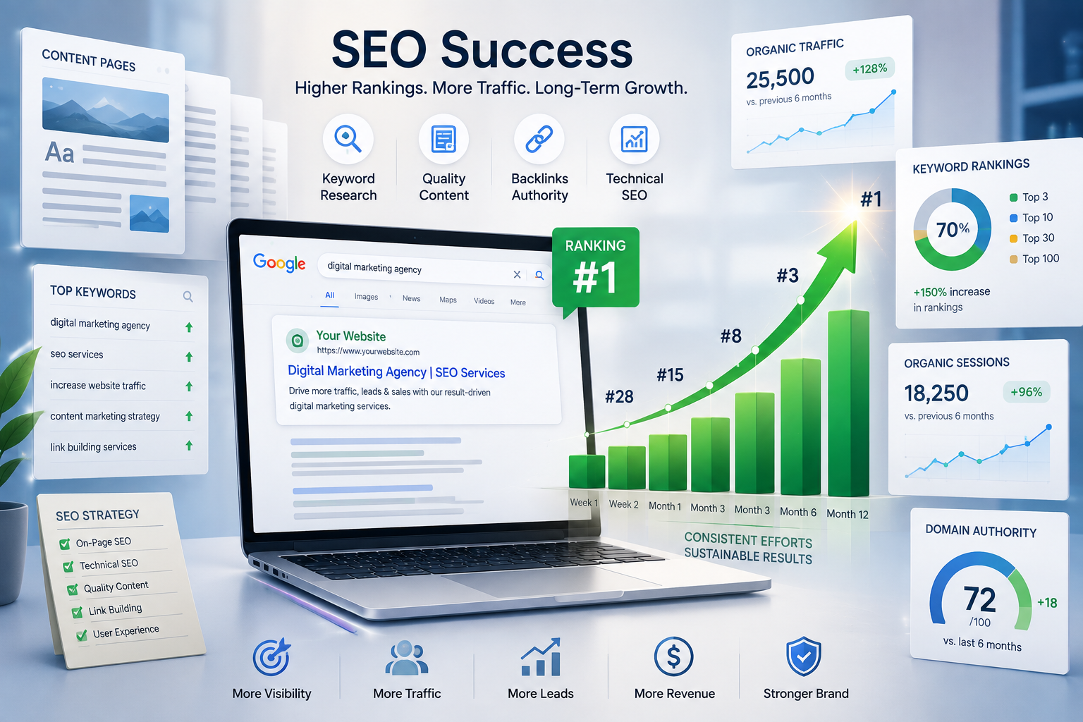 A website gradually climbing search engine rankings, surrounded by content pages, keywords and positive growth charts, representing long-term SEO success.