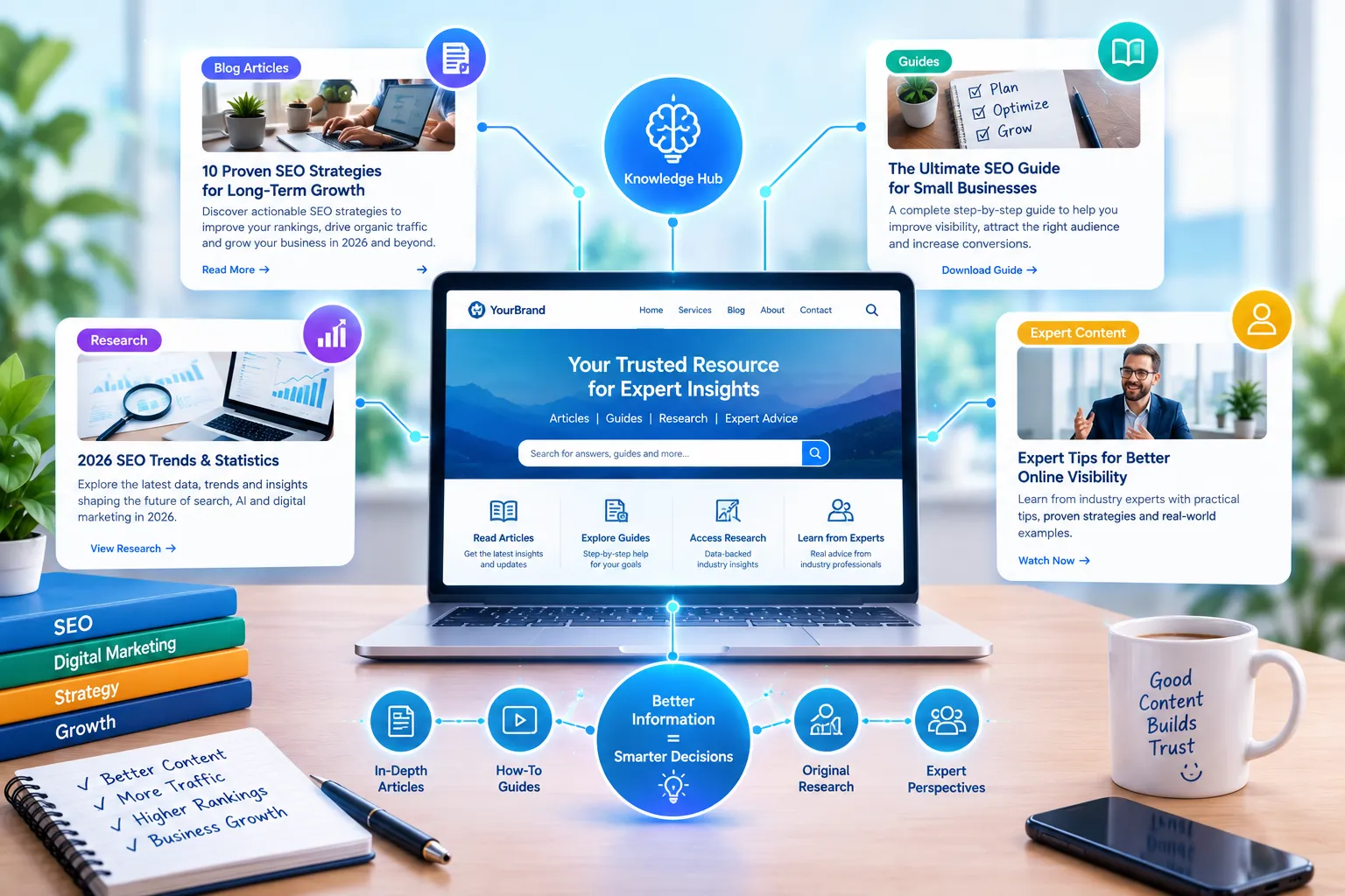 A website represented as a central knowledge hub connected to detailed articles, guides, research and expert content.