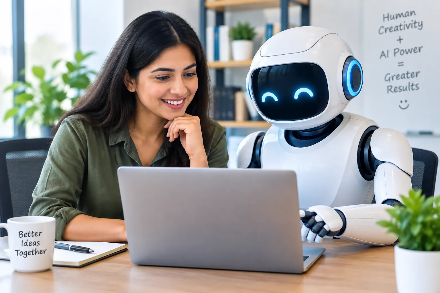 Brand visibility in Gemini- A woman and a robot in front of a computer.