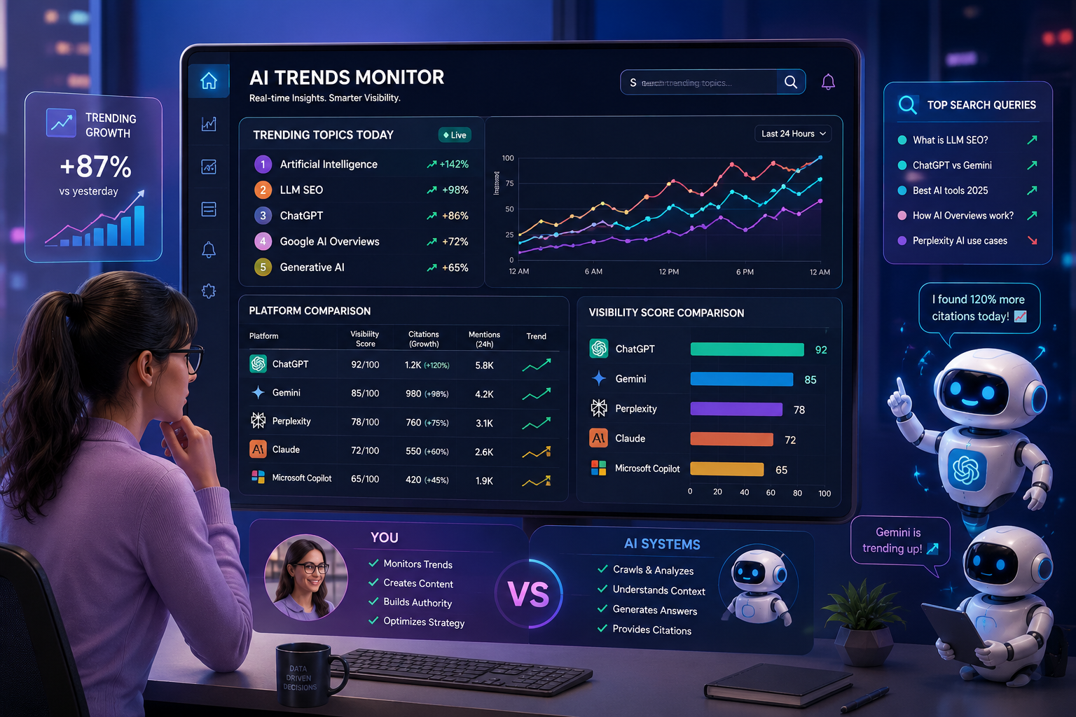 A woman checking trending topics on a large screen computer.
