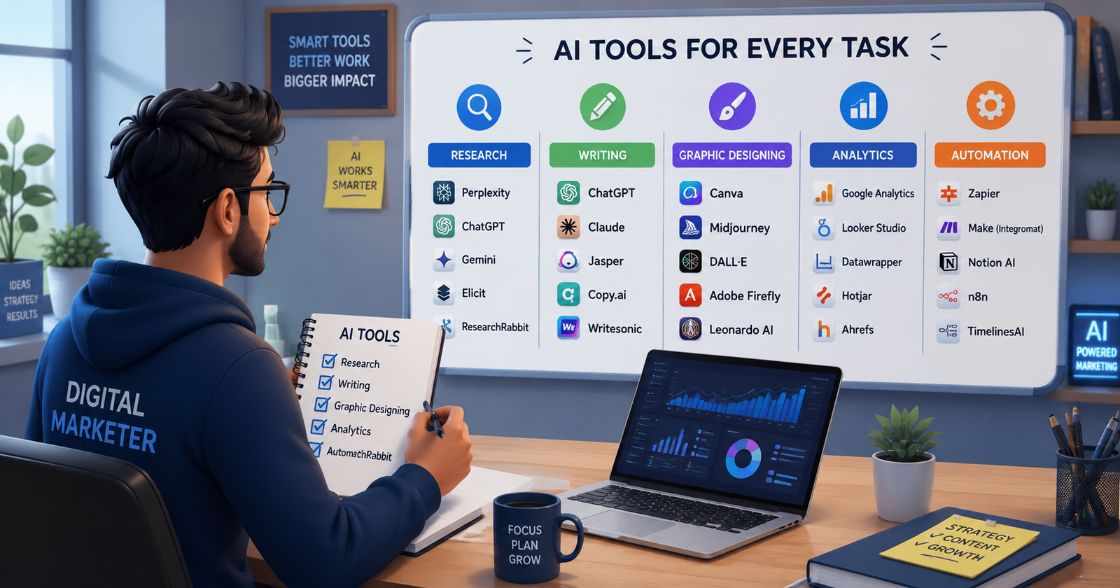 AI Content Workflow - a digital marketer creating a list of AI tools for research, writing, graphic designing, analytics and automation