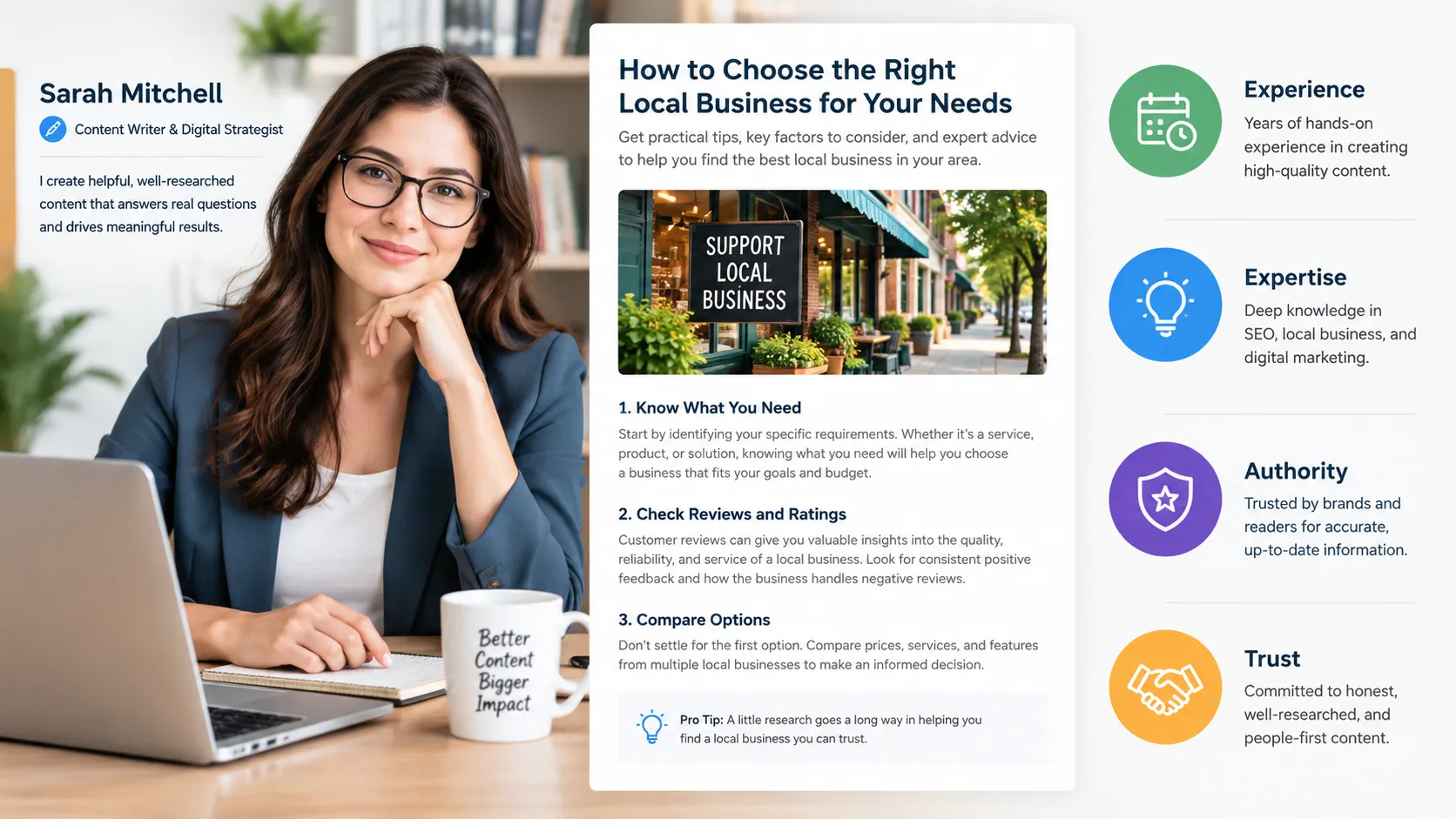 An expert author profile beside a detailed article, with icons representing experience, expertise, authority and trust.