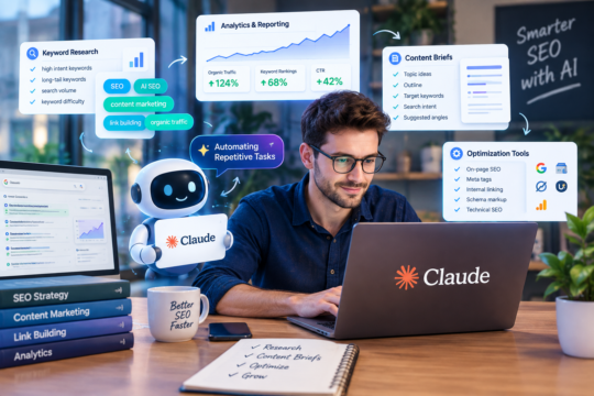 Claude for SEO - SEO professional using Claude AI to automate repetitive tasks, surrounded by keywords, analytics, content briefs and optimization tools.