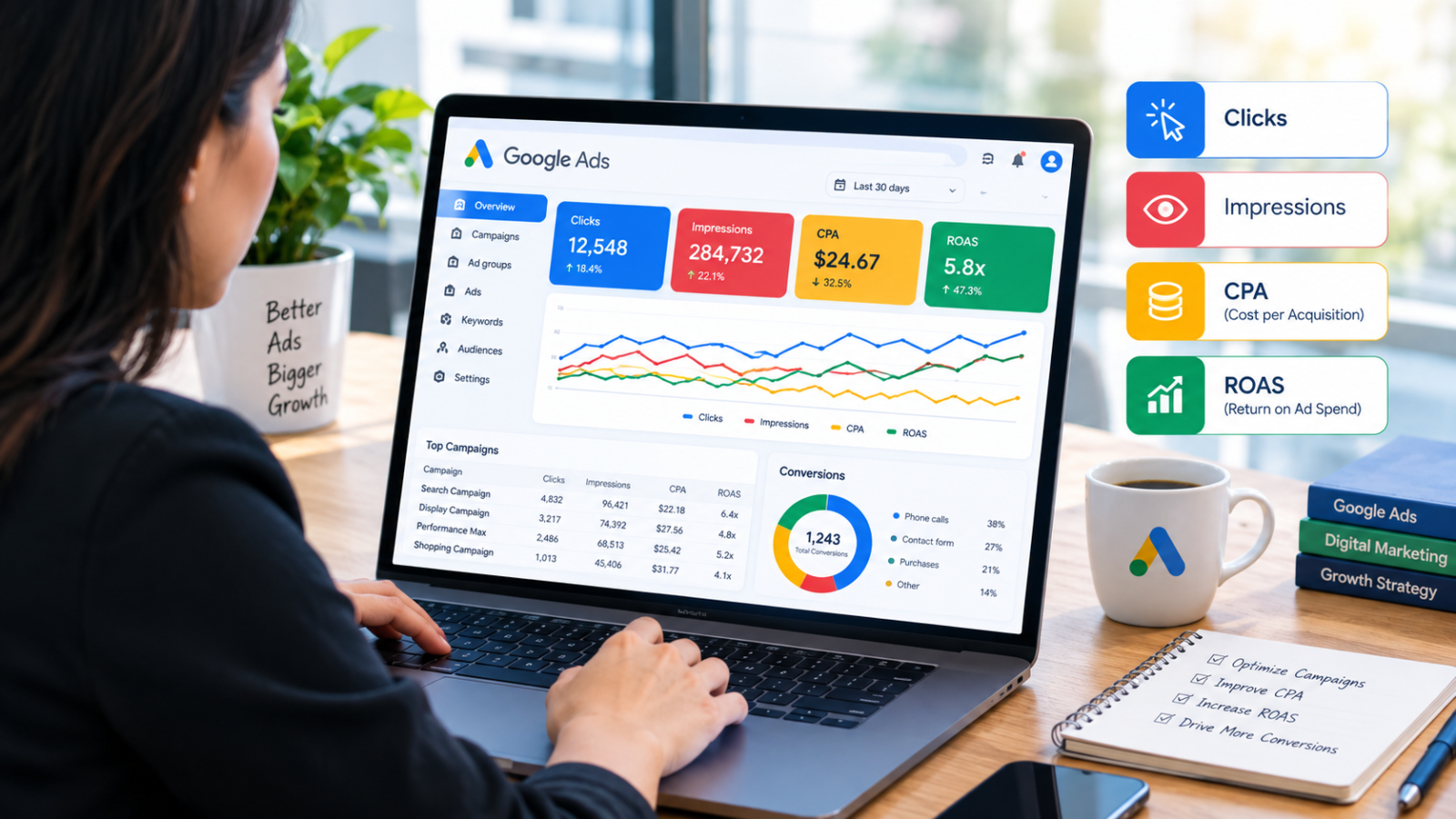 Digital Marketer Analyzing Google Ads Dashboard