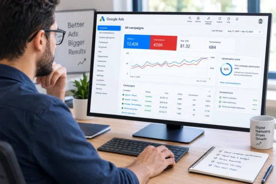 Man comparing Google Ads controls on a monitor showing a campaign dashboard