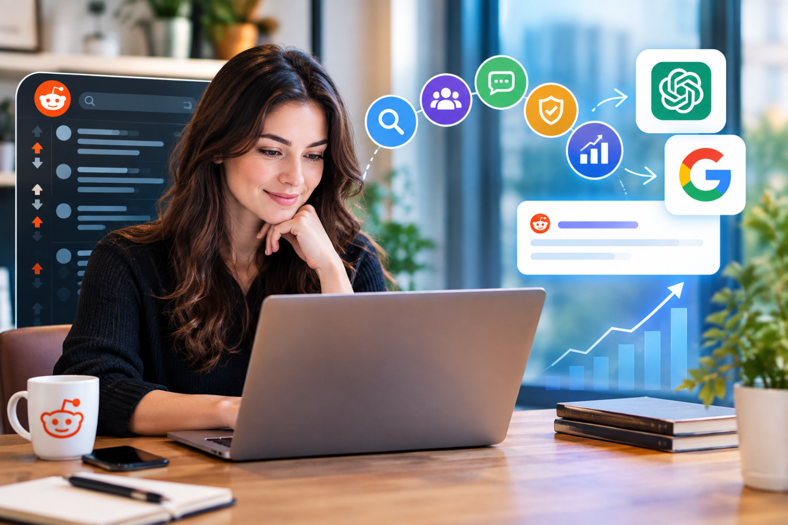 Reddit Authority - A woman working on Reddit for her business.