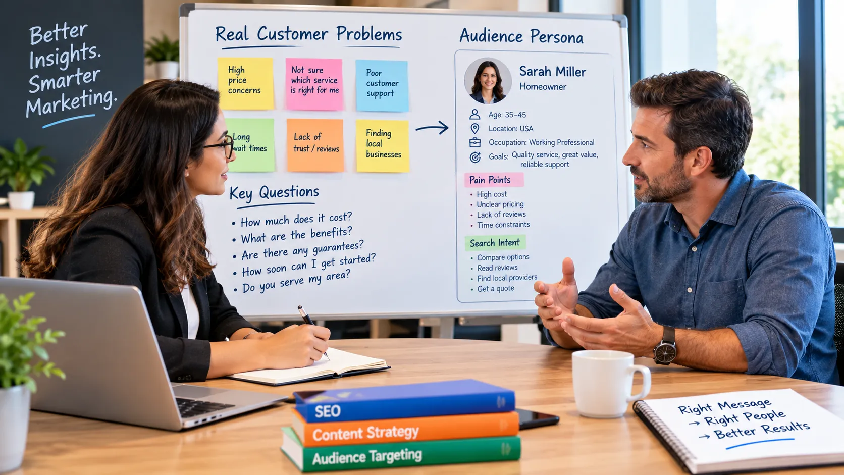 a digital marketer interviewing a business owner about real customer problems and creating audience persona accordingly