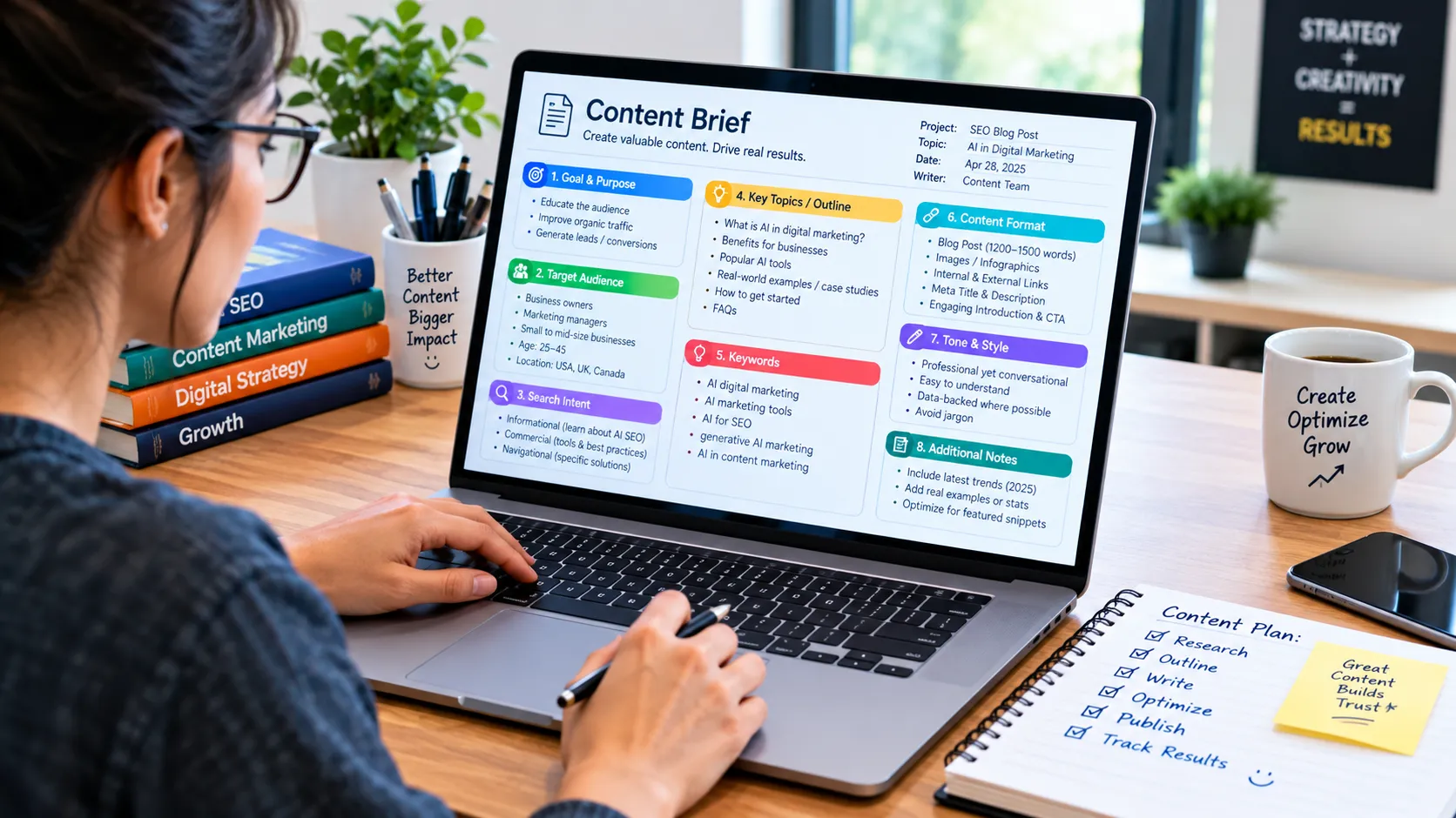 a digital marketer working on a detailed content brief requirements on a laptop