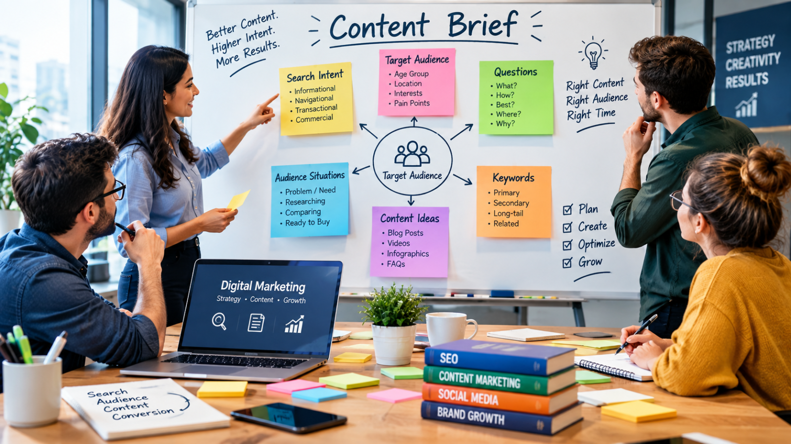 a digital marketing team creating a content brief using sticky notes to map search intent, target audience, questions, etc. around audience situations