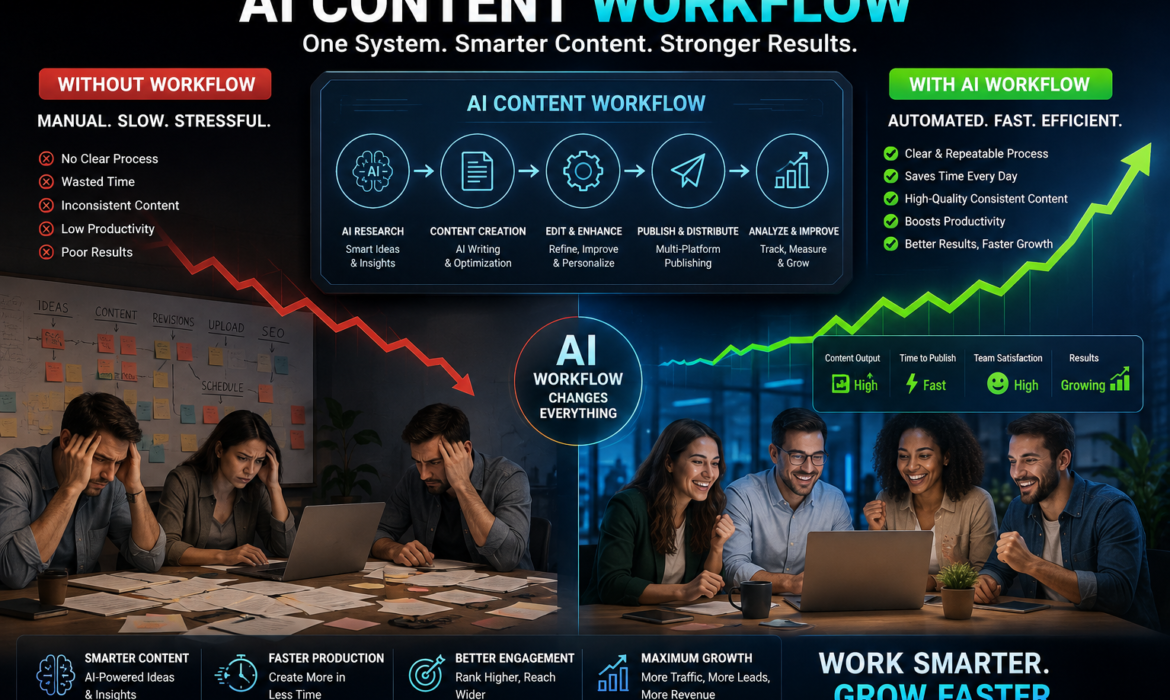 a digital marketing team creating an AI content workflow on a large screen