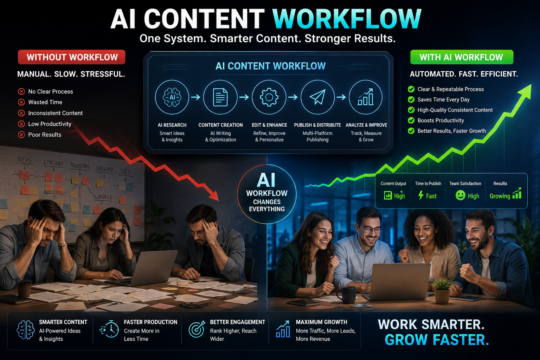 a digital marketing team creating an AI content workflow on a large screen