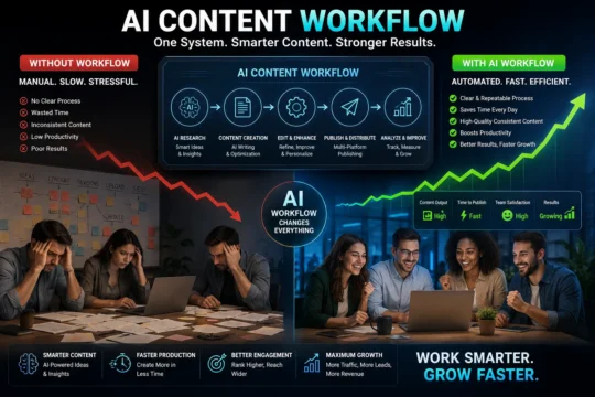 a digital marketing team creating an AI content workflow on a large screen