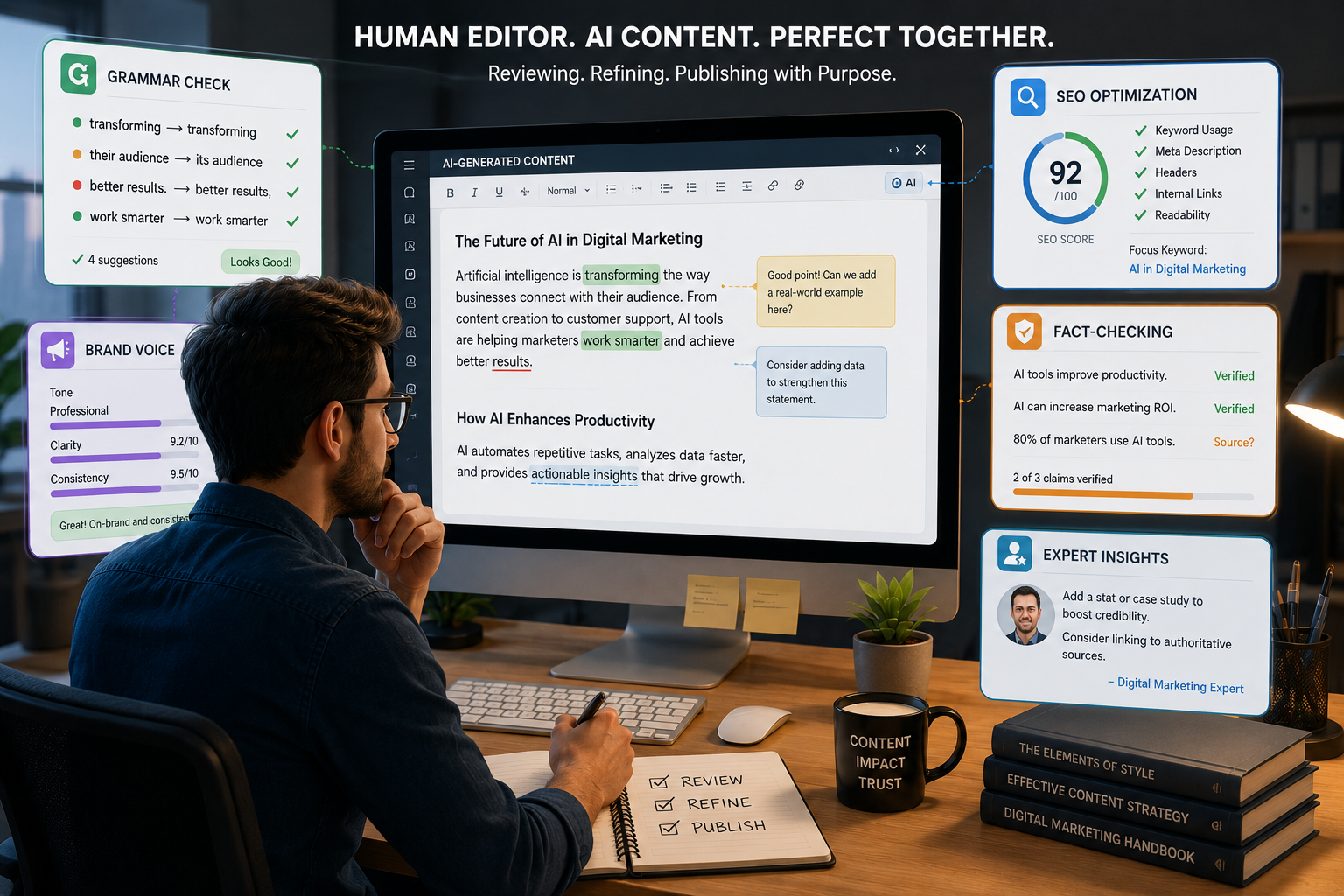 a human editor reviewing AI-generated content (show grammar, brand voice, SEO optimization, fact-checking and expert insights around the screen).