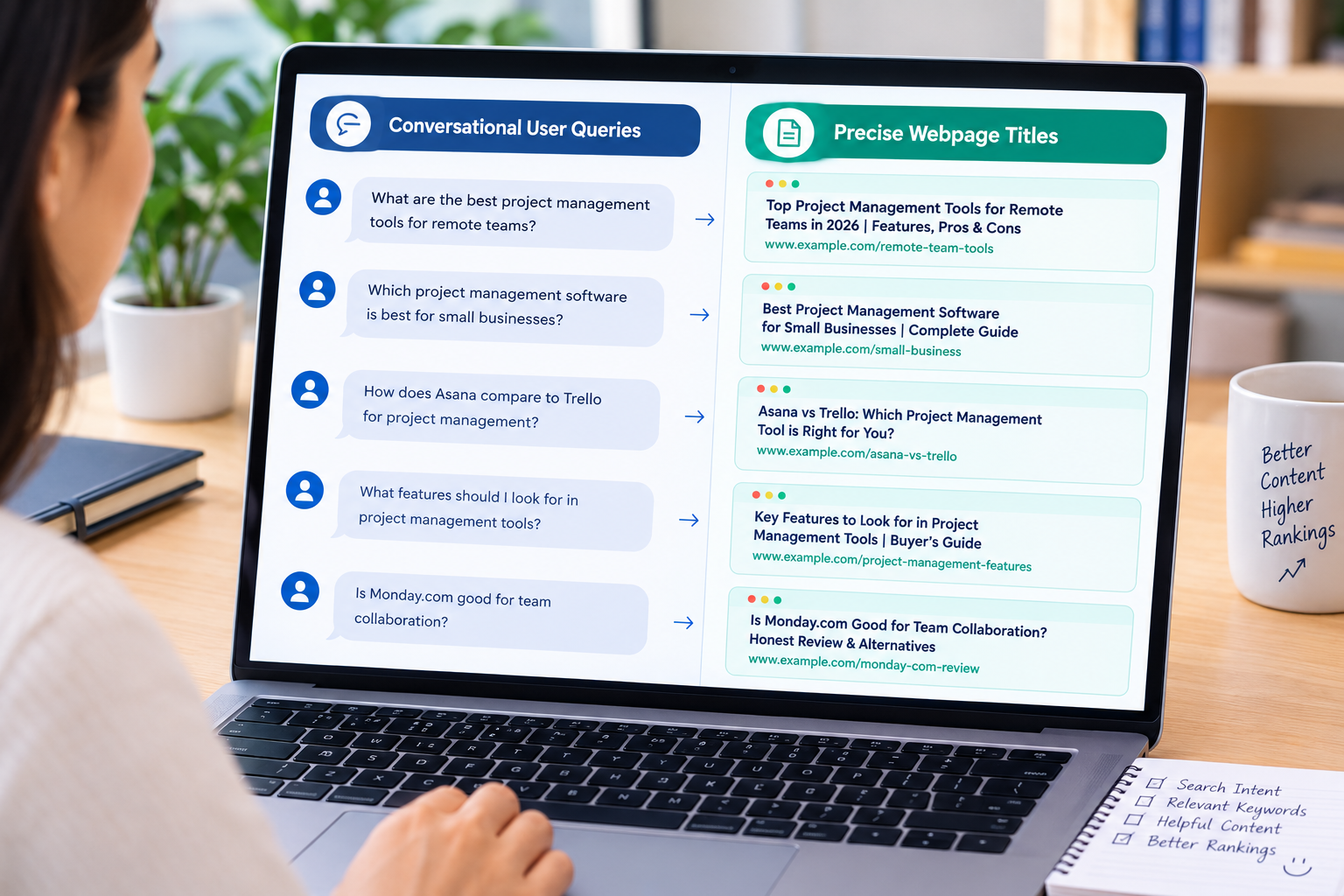 a screen showing conversational user queries and precise webpage titles for the same