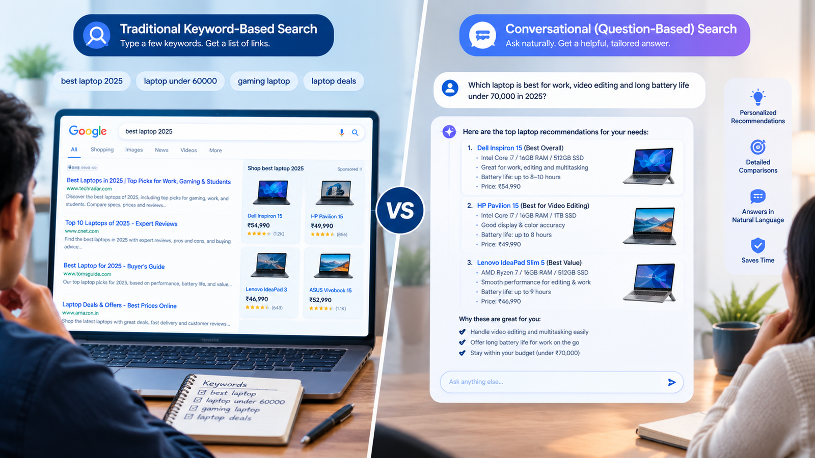 a split-screen image showing traditional keyword-based search and conversational (question)-based search for a laptop