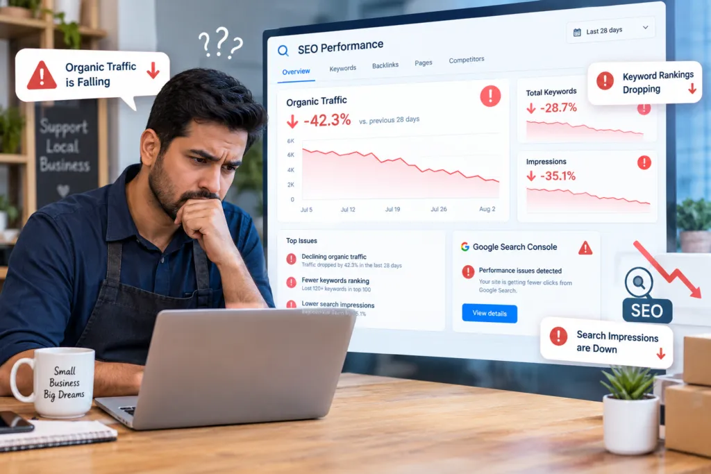 an SEO analytics dashboard showcasing warning signs such as falling organic traffic and a local business owner wondering at it Early SEO Warning Signs of an Organic Traffic Decline