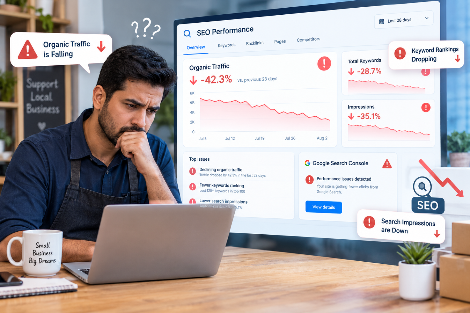 an SEO analytics dashboard showcasing warning signs such as falling organic traffic and a local business owner wondering at it