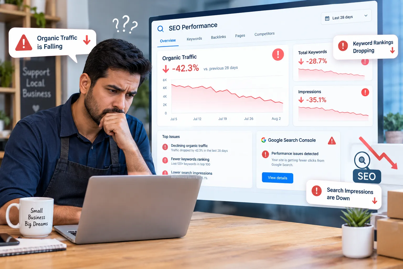 an SEO analytics dashboard showcasing warning signs such as falling organic traffic and a local business owner wondering at it Early SEO Warning Signs of an Organic Traffic Decline