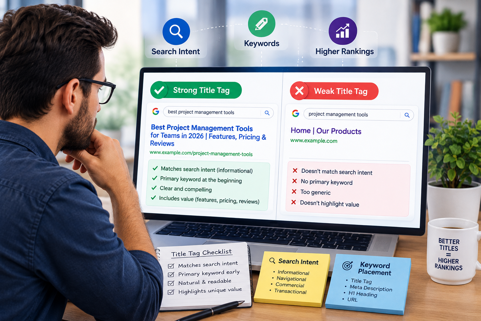 an SEO expert comparing strong and weak title tags, highlighting search intent and keyword placement