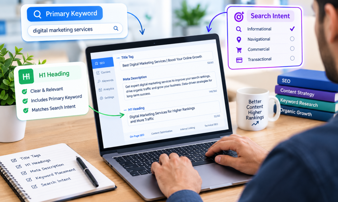 an SEO expert optimizing title tags on a laptop, with primary keyword, H1 headings and search intent displayed around