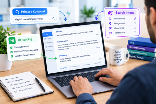an SEO expert optimizing title tags on a laptop, with primary keyword, H1 headings and search intent displayed around
