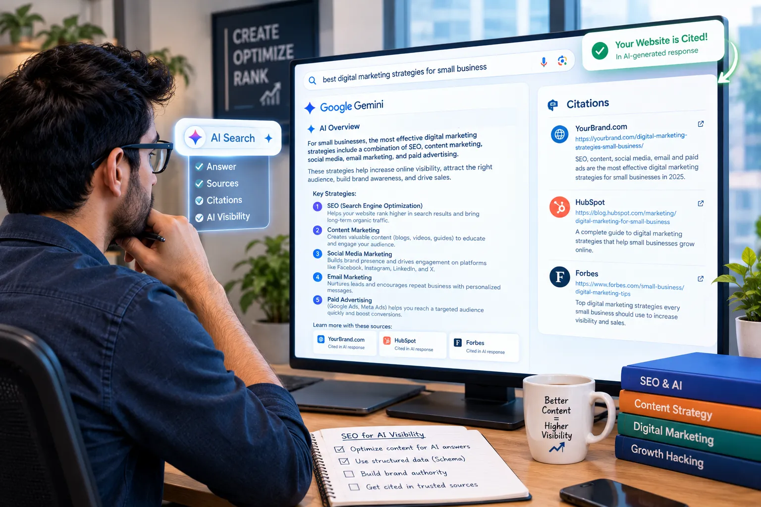 an SEO expert searching for a user query and looking at AI-generated response or AI citation of the website