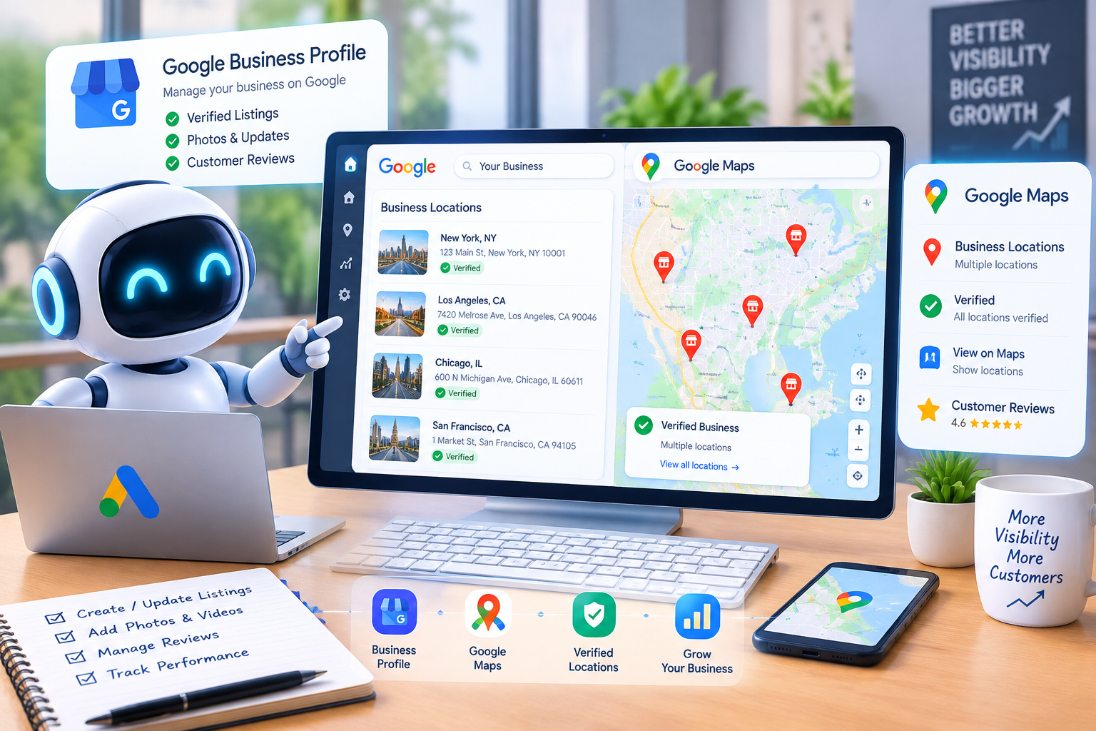 A computer screen displaying Google Business Profile and Google Maps interfaces with multiple verified business locations marked on a city map.