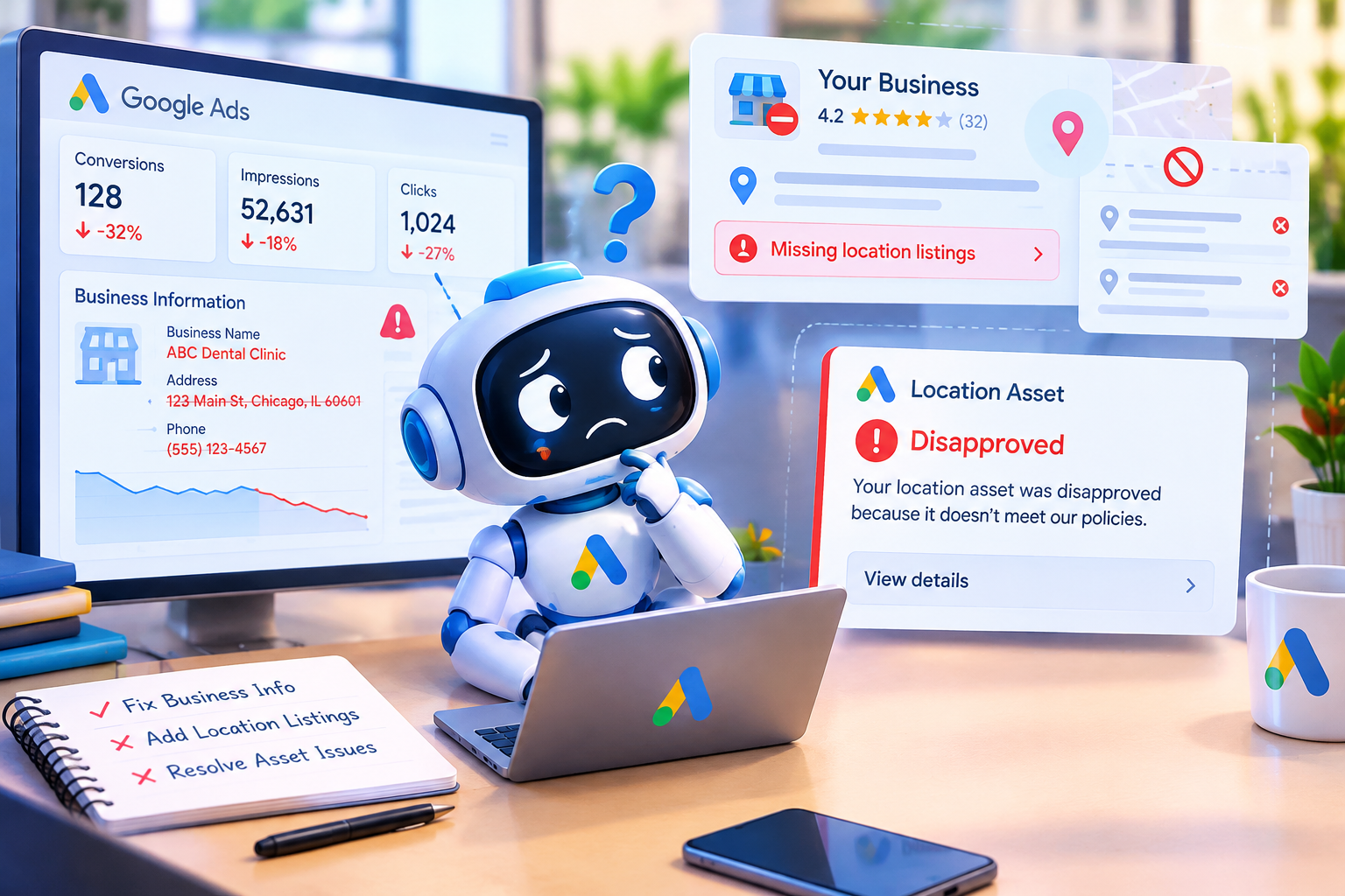A digital advertising dashboard displaying incorrect business information, missing location listings, and a location asset disapproval notification.