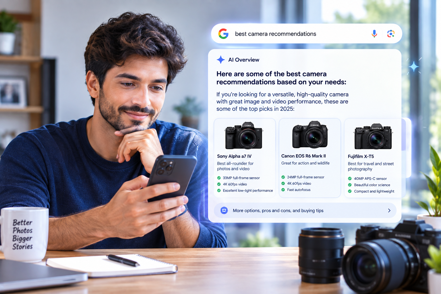 A guy looking for the best camera recommendations on his smartphone. He’s using Google AI Overviews. content writing
