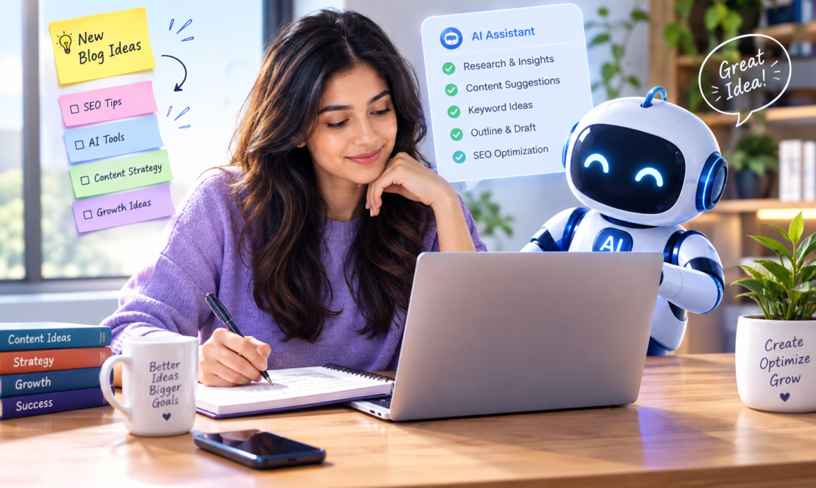 A woman content writing while going through her ideas on her laptop. There’s also a cute AI robot there to help her.