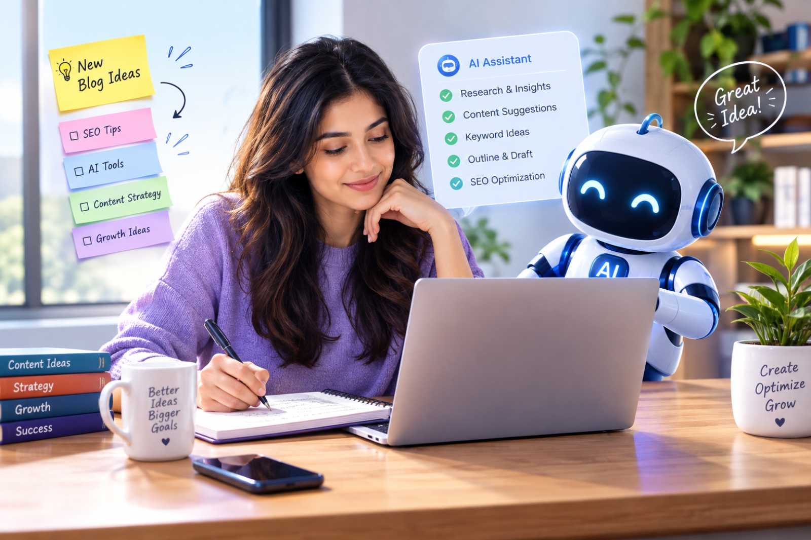 A woman content writing while going through her ideas on her laptop. There’s also a cute AI robot there to help her.